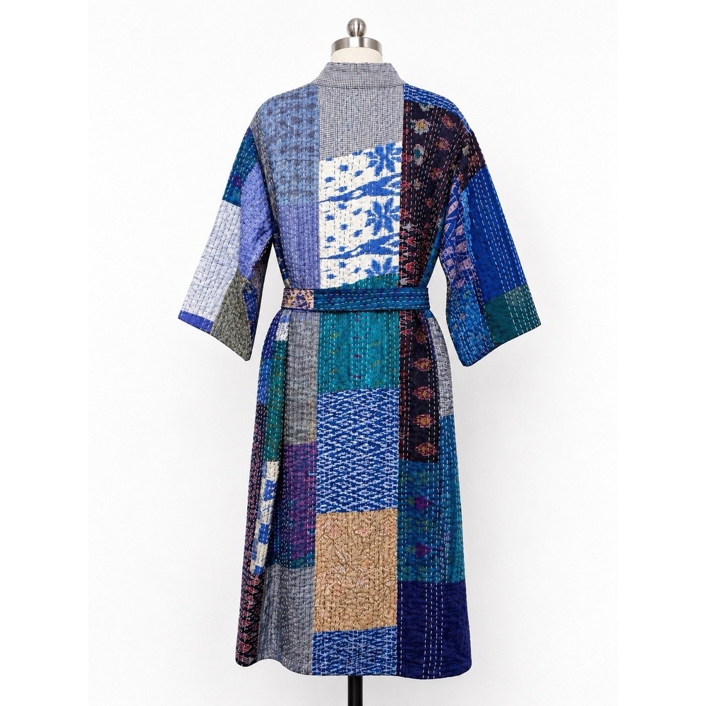 Vintage Silk Kantha Patchwork Robe Handmade Quilted Kimono Belted One Size - Picture 2 of 10